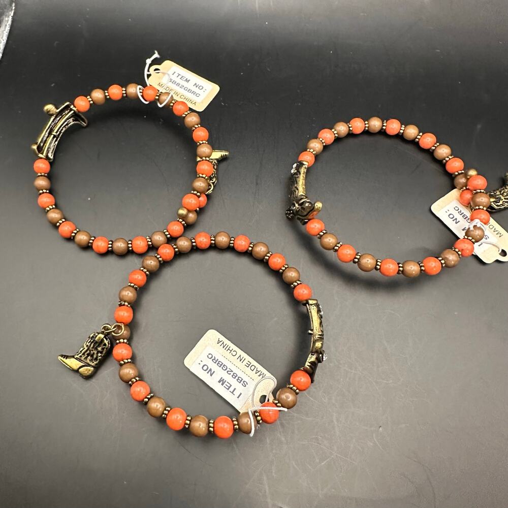 Hope Collection Cowboy Boot Charm Bangle Beaded Bracelet Set 3 NWT Orange Brown